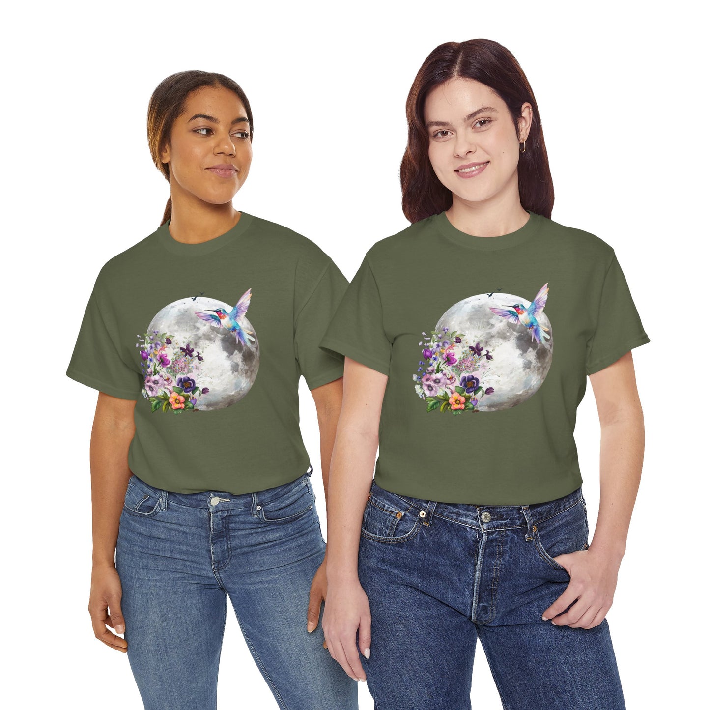 Moon & Hummingbird Floral T-Shirt — Watercolour Moon with Flowers