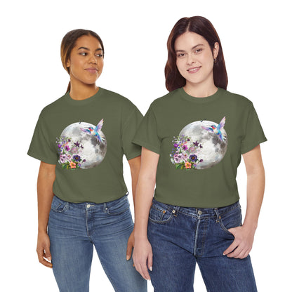 Moon & Hummingbird Floral T-Shirt — Watercolour Moon with Flowers