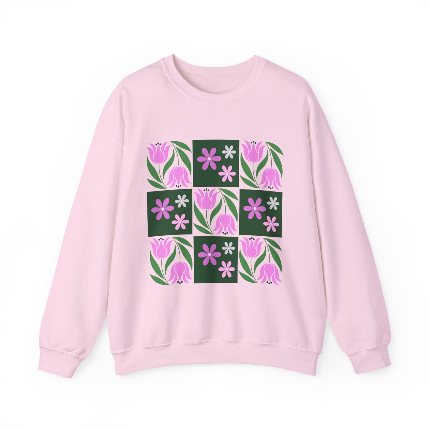 Floral Tile Crewneck Sweatshirt — Pink Tulip Grid Design