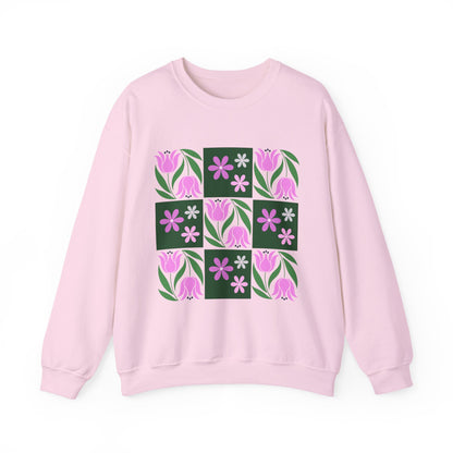 Floral Tile Crewneck Sweatshirt — Pink Tulip Grid Design