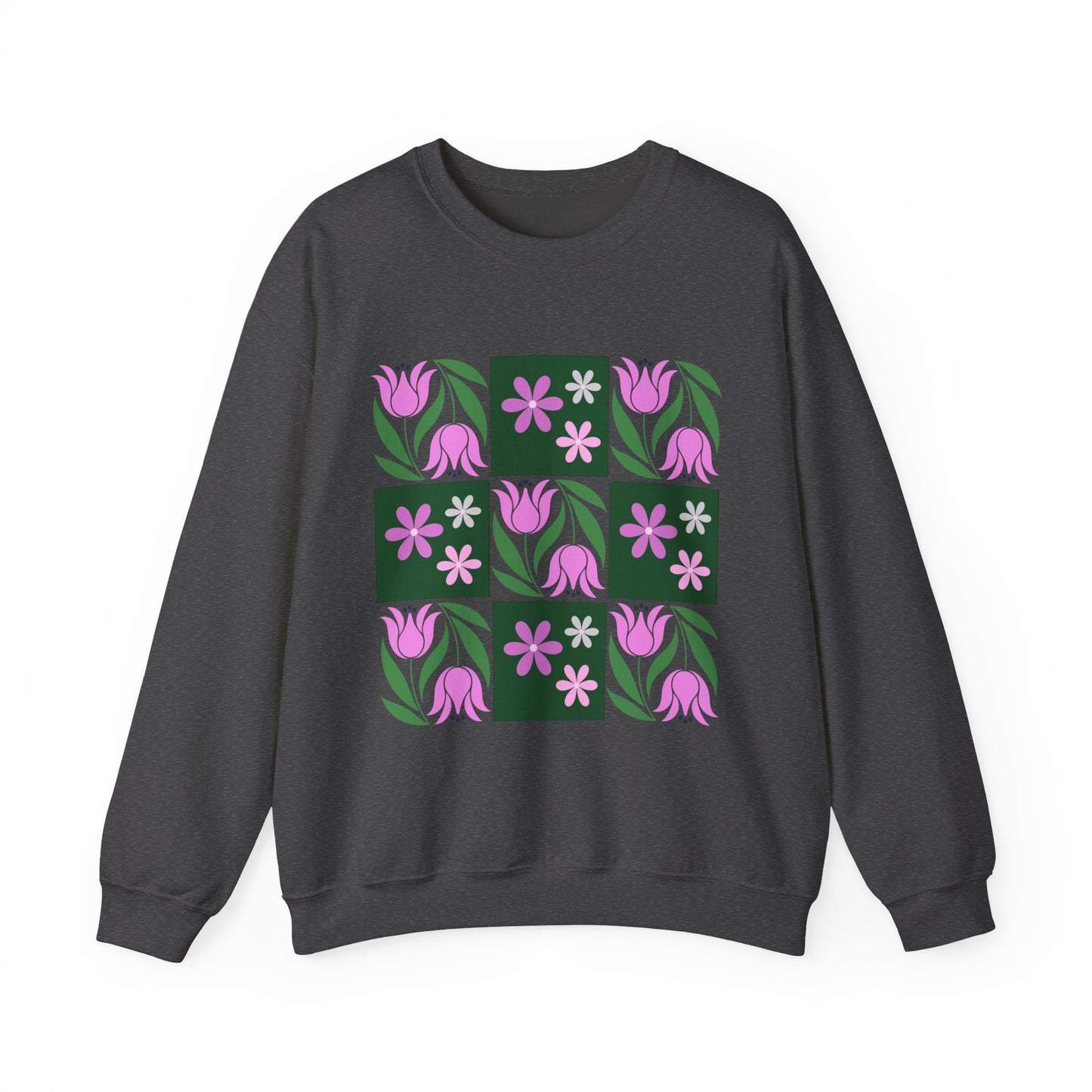 Floral Tile Crewneck Sweatshirt — Pink Tulip Grid Design