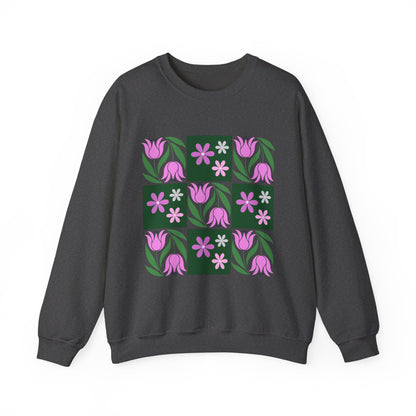 Floral Tile Crewneck Sweatshirt — Pink Tulip Grid Design