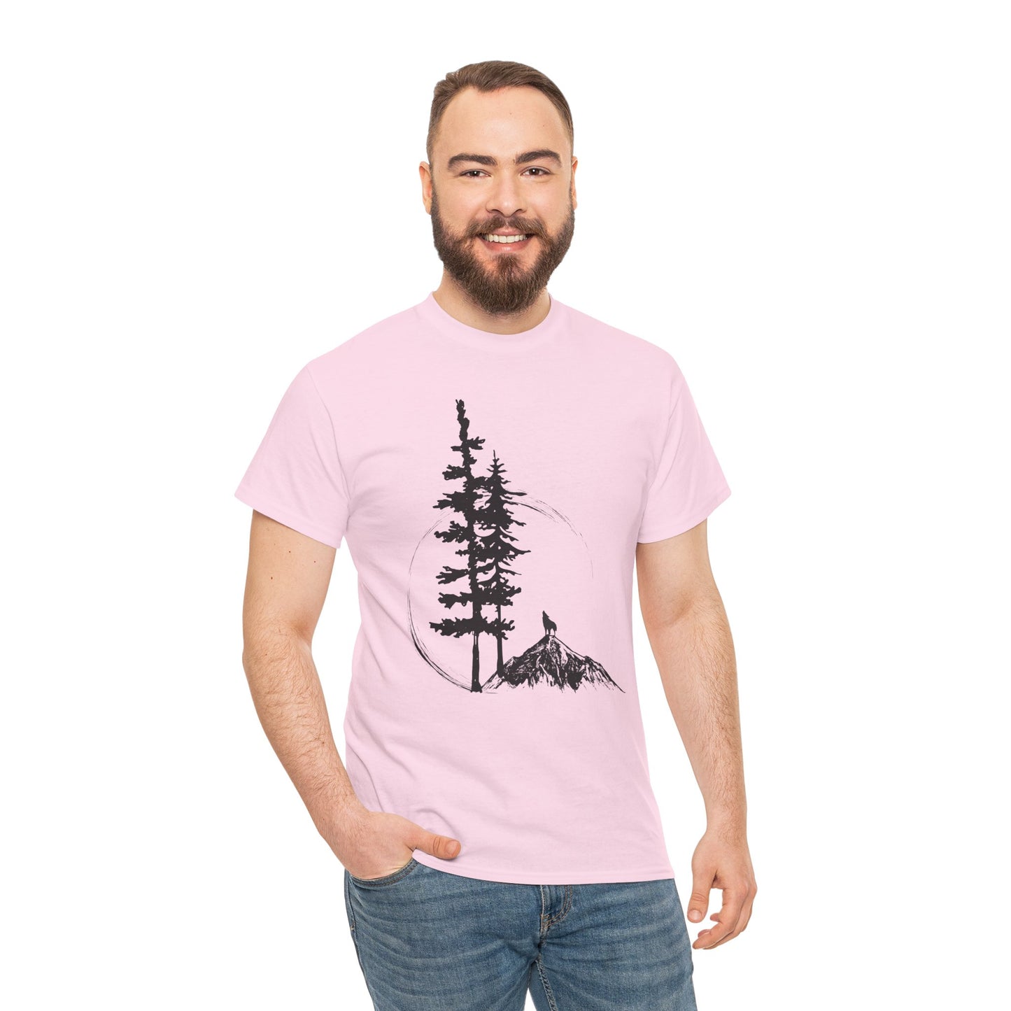 Nature Sketch T-Shirt — Pine Tree & Mountain Minimalist Tee