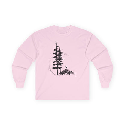 Nature Sketch Long Sleeve Tee — Pine Tree & Mountain Minimalist