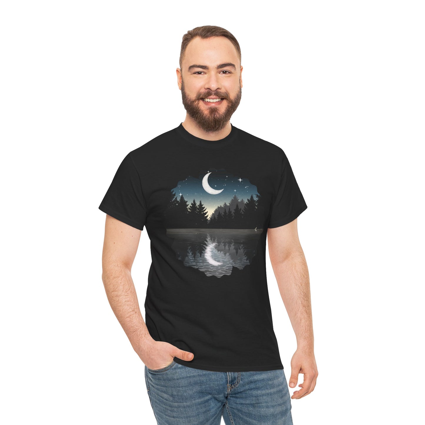 Moonlit Lake T-Shirt — Crescent Moon Forest Reflection Tee