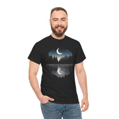 Moonlit Lake T-Shirt — Crescent Moon Forest Reflection Tee
