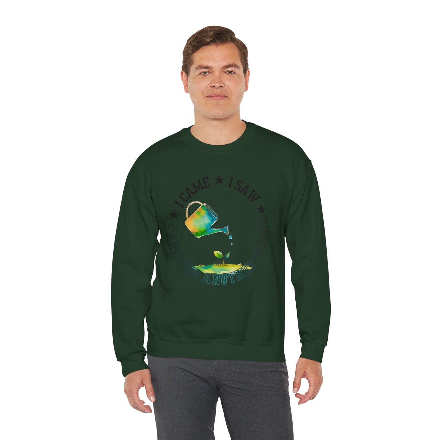 Gardener Sweatshirt — "I Came, I Saw, I Adopted Another Plant" Watercolour Watering Can Crewneck