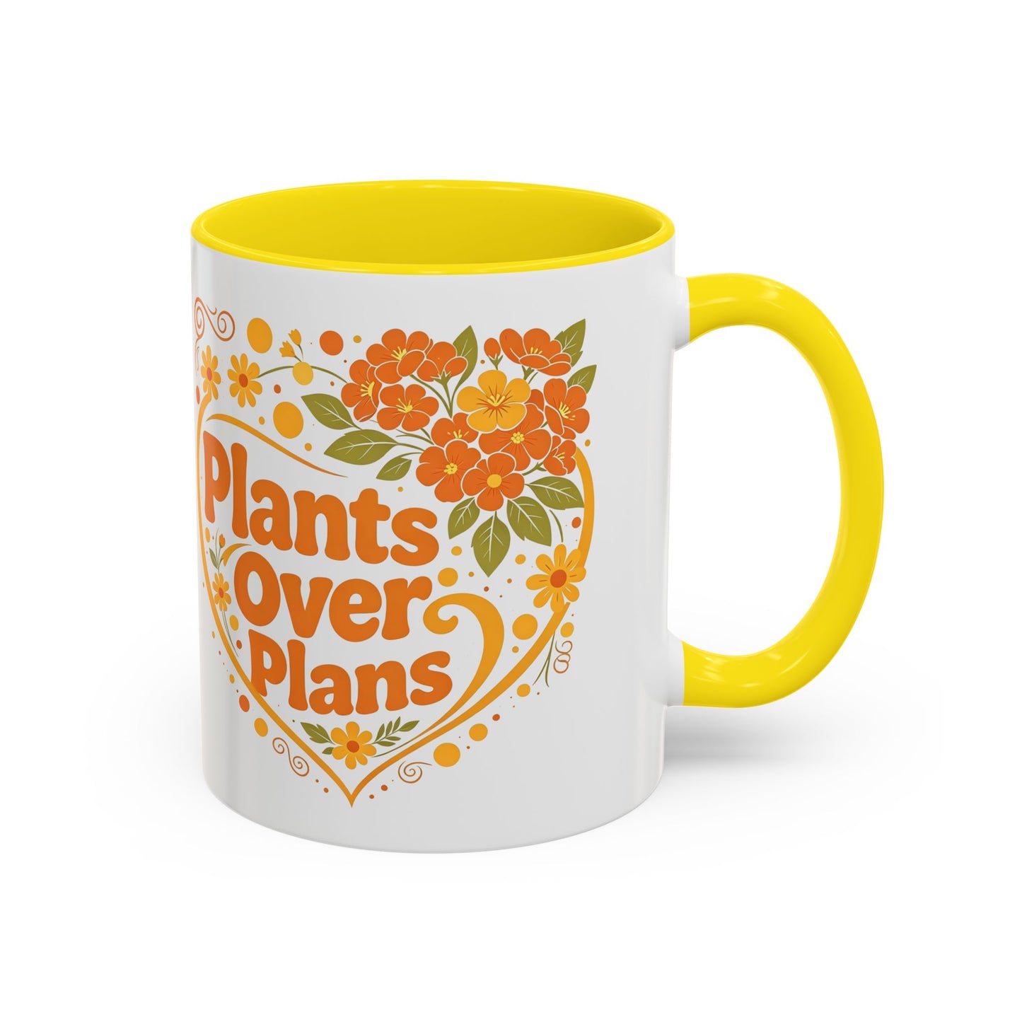Plants Over Plans Accent Coffee Mug — Retro Floral Heart Plant Lover Gift (11oz)