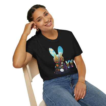 Easter Bunny Silhouette T‑Shirt — Floral Nightscape Bunny Design