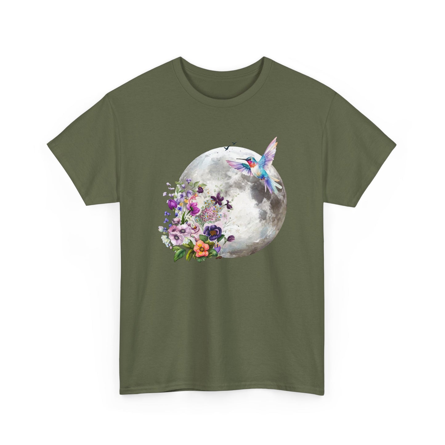 Moon & Hummingbird Floral T-Shirt — Watercolour Moon with Flowers