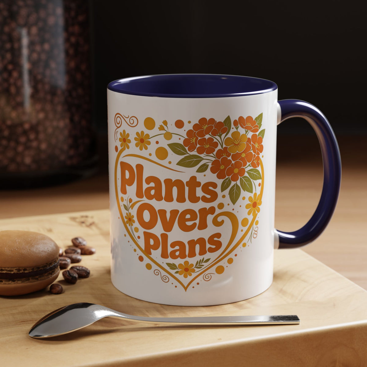Plants Over Plans Accent Coffee Mug — Retro Floral Heart Plant Lover Gift (11oz)