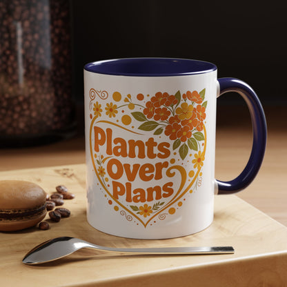 Plants Over Plans Accent Coffee Mug — Retro Floral Heart Plant Lover Gift (11oz)