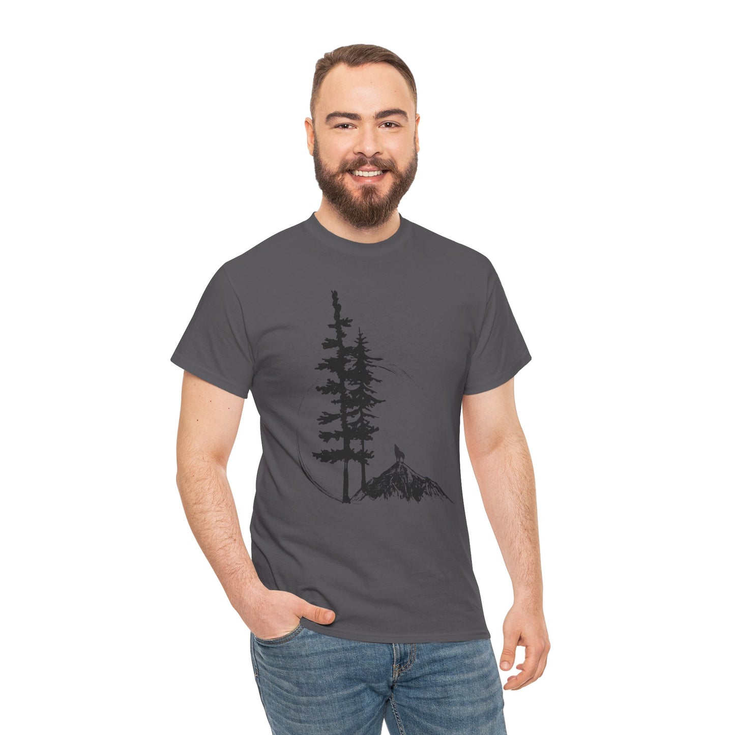 Man wearing a gray t-shirt with a tree and cabin graphic on a white background