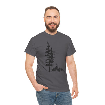 Man wearing a gray t-shirt with a tree and cabin graphic on a white background