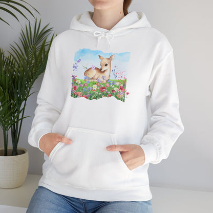 Doe in Wildflower Meadow Hoodie — Cute Fawn Animal Graphic Sweatshirt