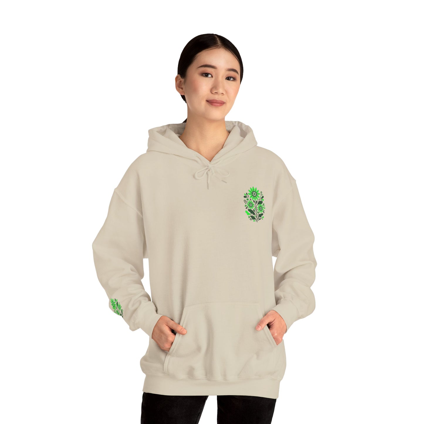 Hoodie — Green Floral Skull Chest & Sleeve Graphic