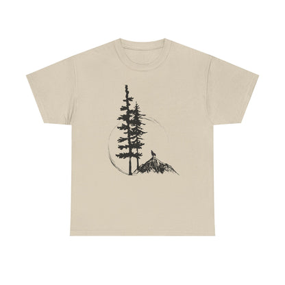 Nature Sketch T-Shirt — Pine Tree & Mountain Minimalist Tee