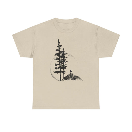 Nature Sketch T-Shirt — Pine Tree & Mountain Minimalist Tee