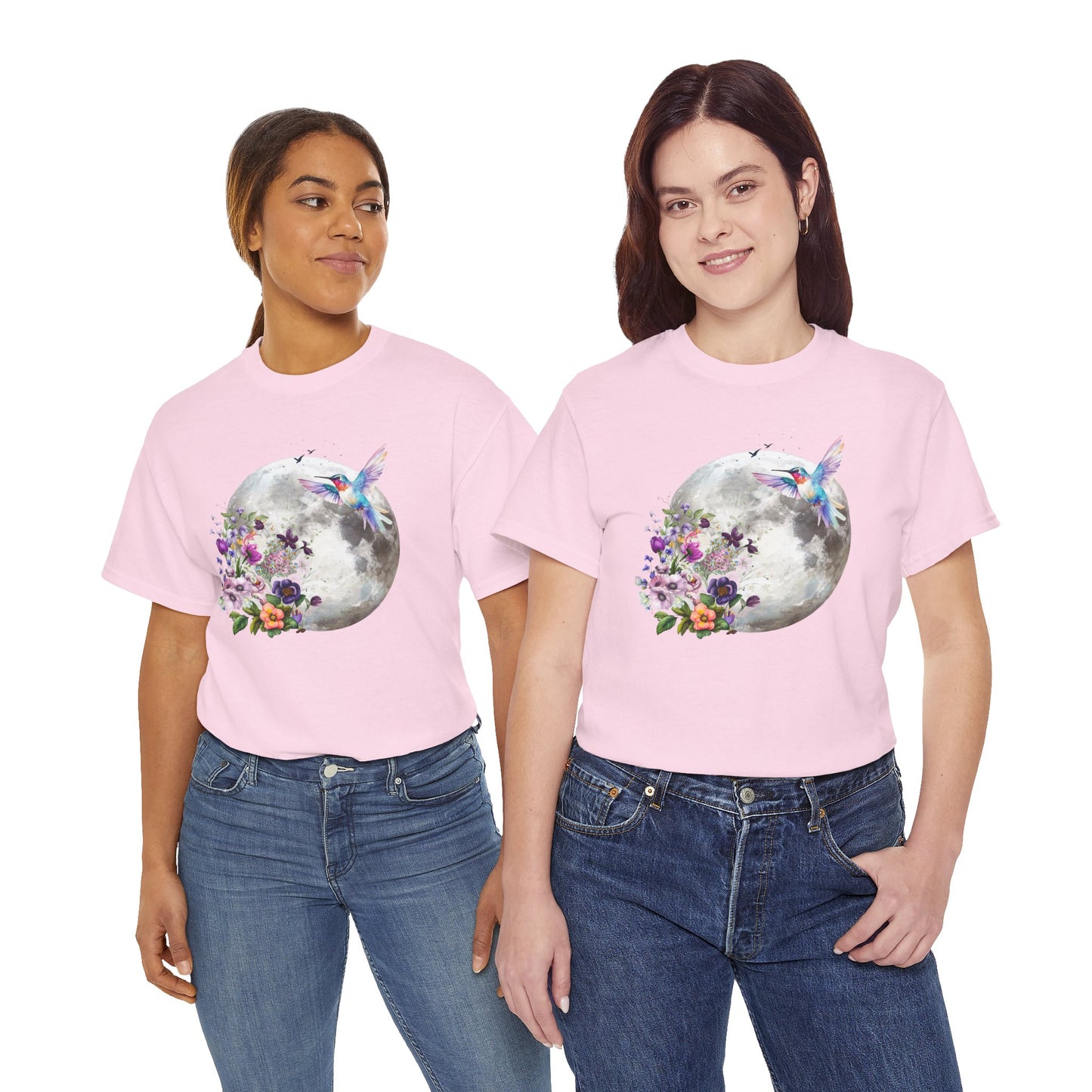 Moon & Hummingbird Floral T-Shirt — Watercolour Moon with Flowers