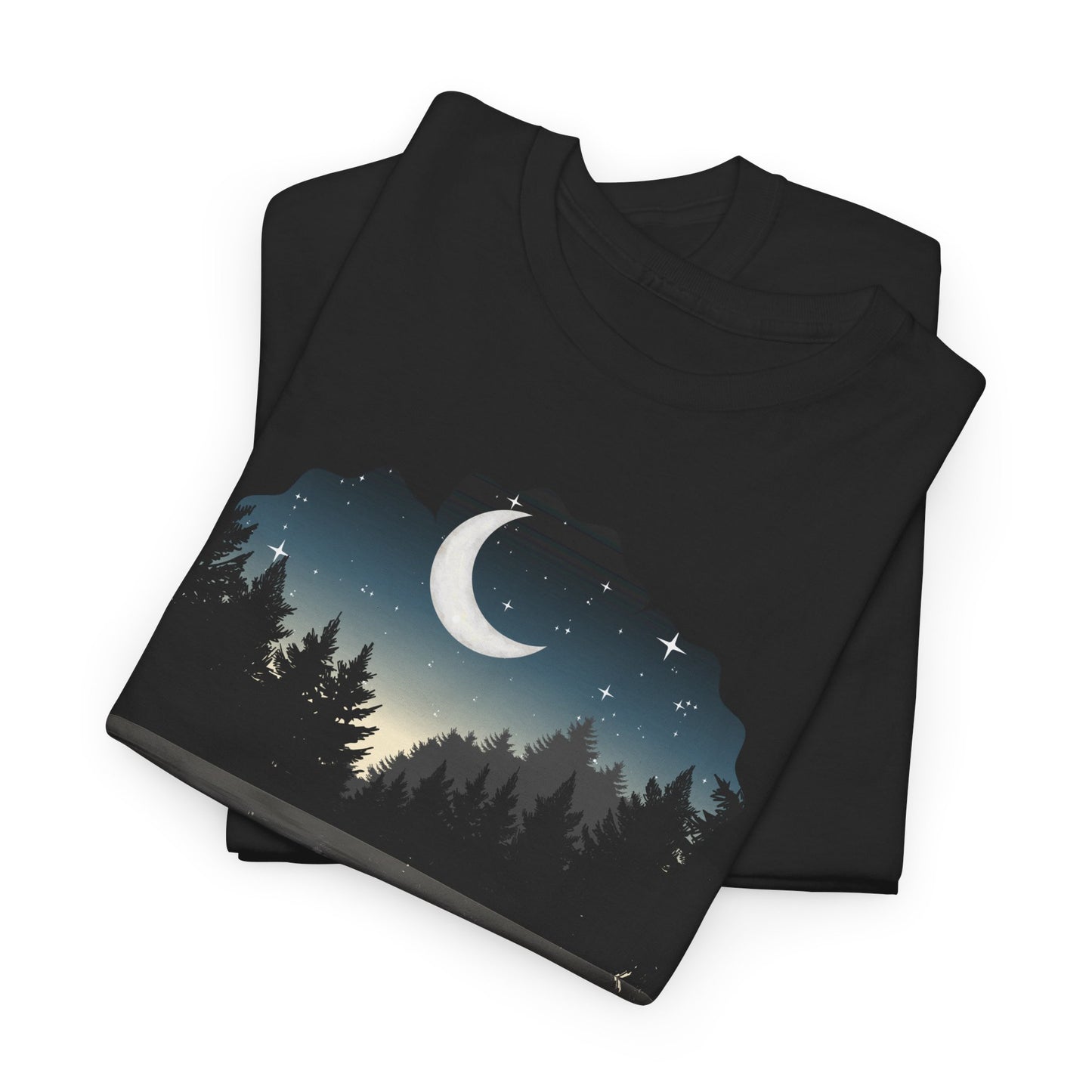 Moonlit Lake T-Shirt — Crescent Moon Forest Reflection Tee