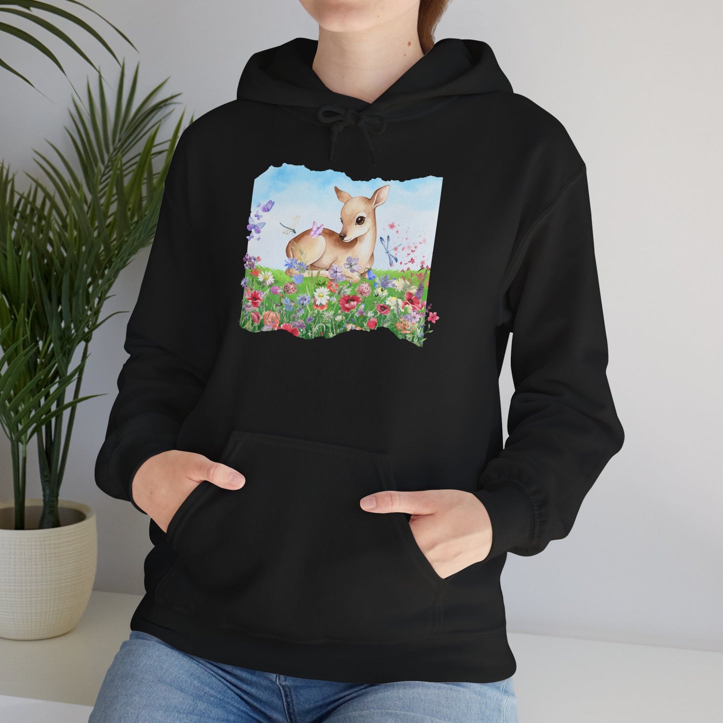 Doe in Wildflower Meadow Hoodie — Cute Fawn Animal Graphic Sweatshirt