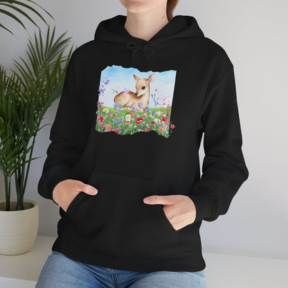 Doe in Wildflower Meadow Hoodie — Cute Fawn Animal Graphic Sweatshirt