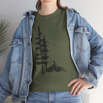 Nature Sketch T-Shirt — Pine Tree & Mountain Minimalist Tee
