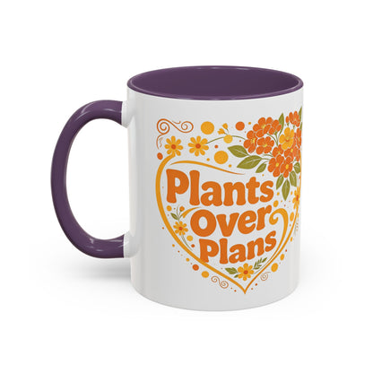 Plants Over Plans Accent Coffee Mug — Retro Floral Heart Plant Lover Gift (11oz)