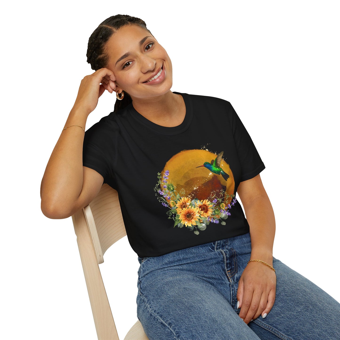 Hummingbird & Sunflower T-Shirt — Floral Nature Graphic Tee