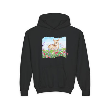 Youth Hoodie — Watercolour Fawn in Wildflower Meadow
