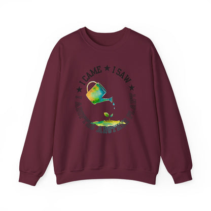 Gardener Sweatshirt — "I Came, I Saw, I Adopted Another Plant" Watercolour Watering Can Crewneck