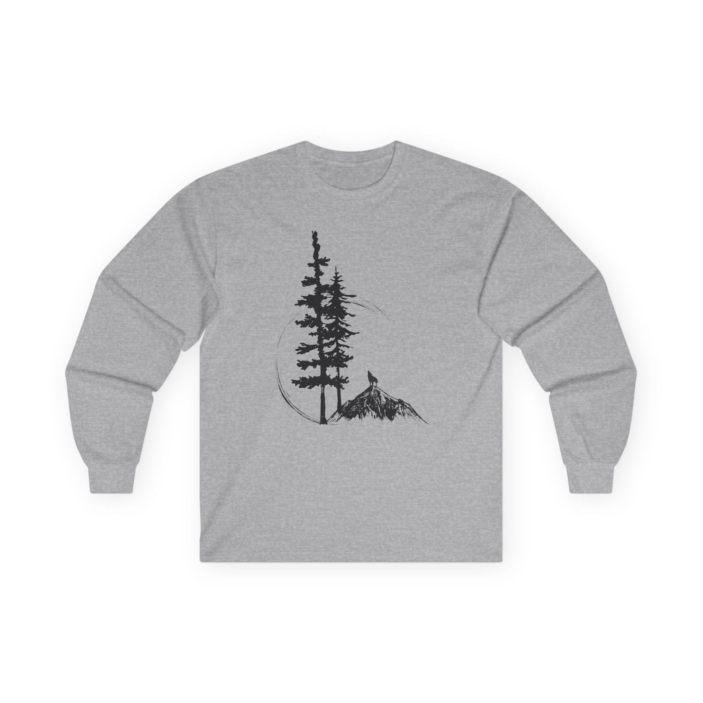 Gray long-sleeve shirt with a black tree and mountain graphic on a white background