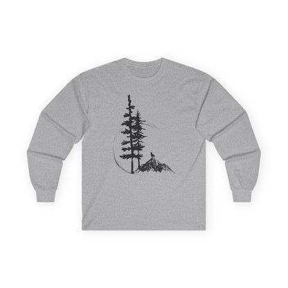 Gray long-sleeve shirt with a black tree and mountain graphic on a white background