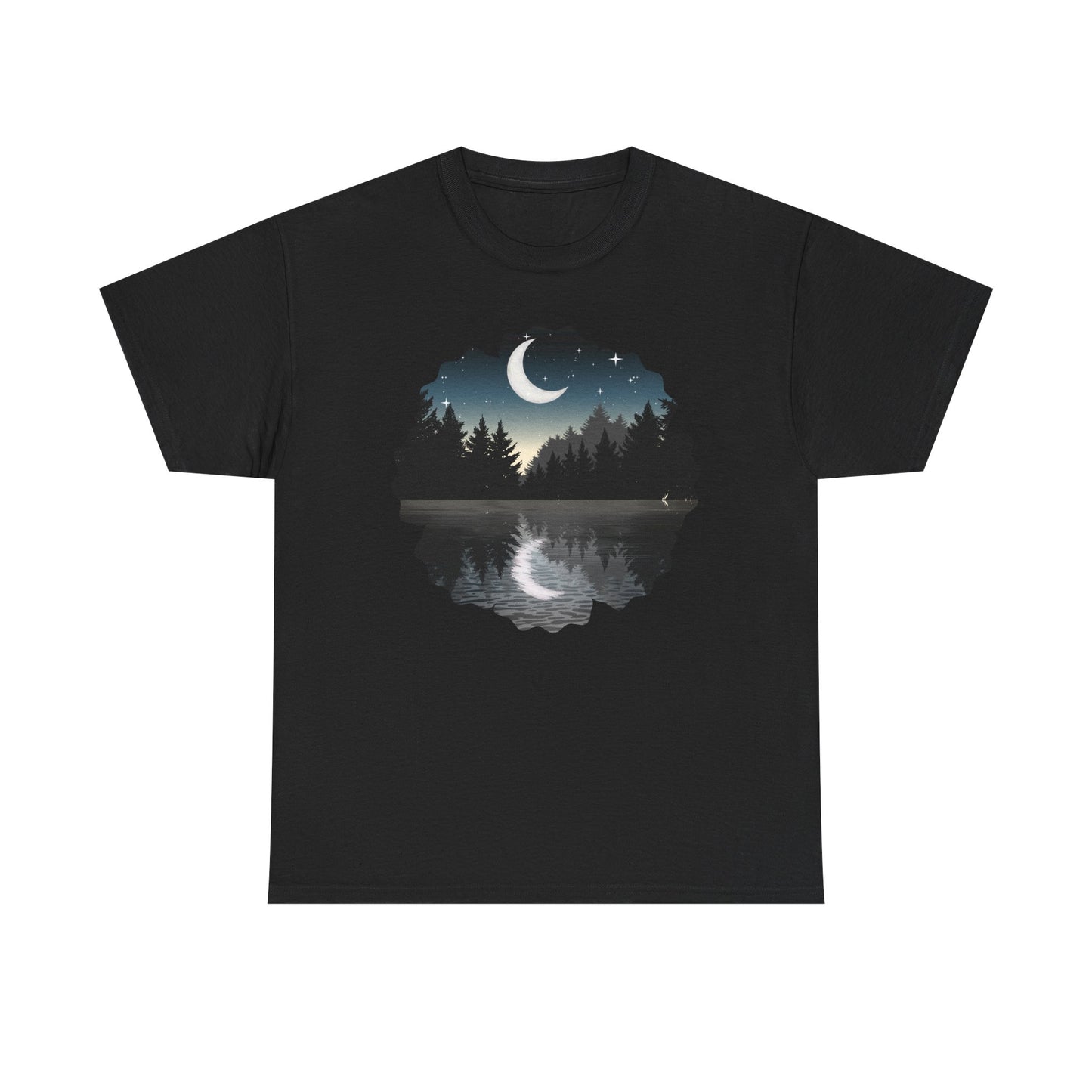 Moonlit Lake T-Shirt — Crescent Moon Forest Reflection Tee