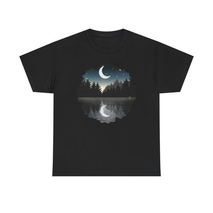 Moonlit Lake T-Shirt — Crescent Moon Forest Reflection Tee