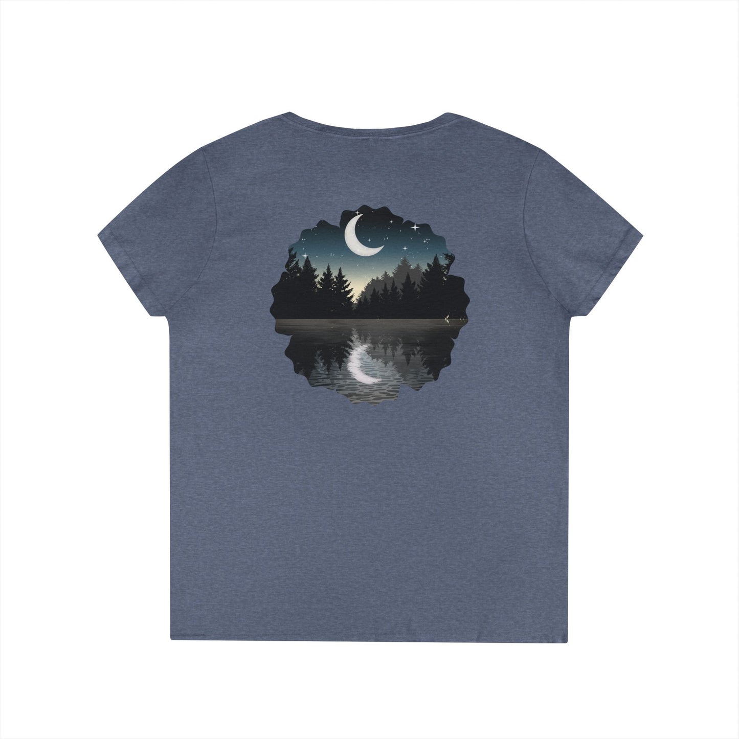Ladies' V-Neck T-Shirt — Moonlit Lake Forest Graphic Tee