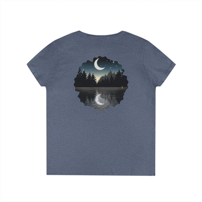 Ladies' V-Neck T-Shirt — Moonlit Lake Forest Graphic Tee