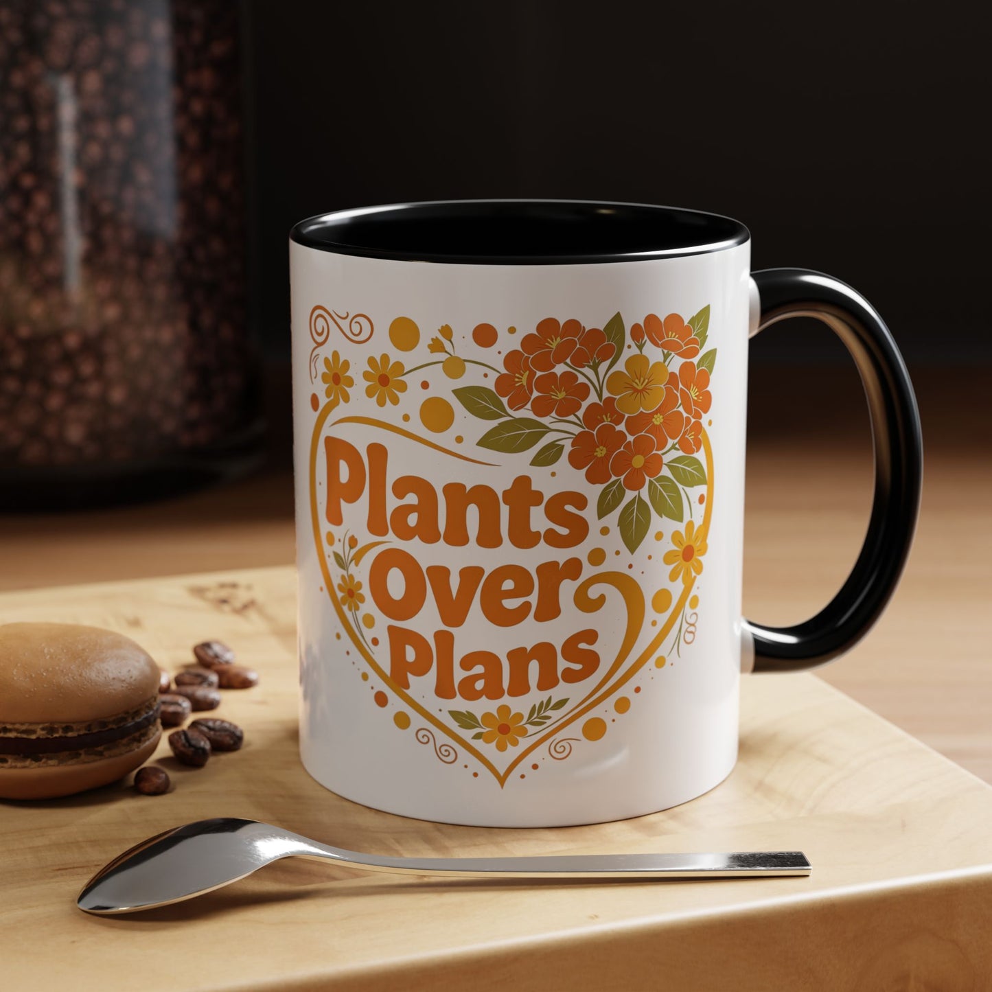 Plants Over Plans Accent Coffee Mug — Retro Floral Heart Plant Lover Gift (11oz)