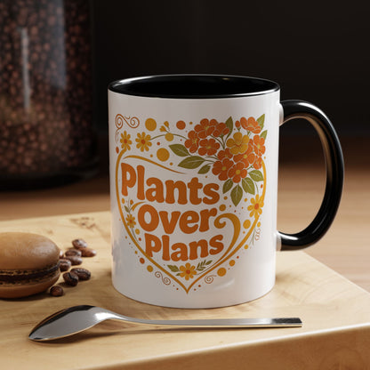Plants Over Plans Accent Coffee Mug — Retro Floral Heart Plant Lover Gift (11oz)