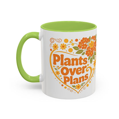 Plants Over Plans Accent Coffee Mug — Retro Floral Heart Plant Lover Gift (11oz)