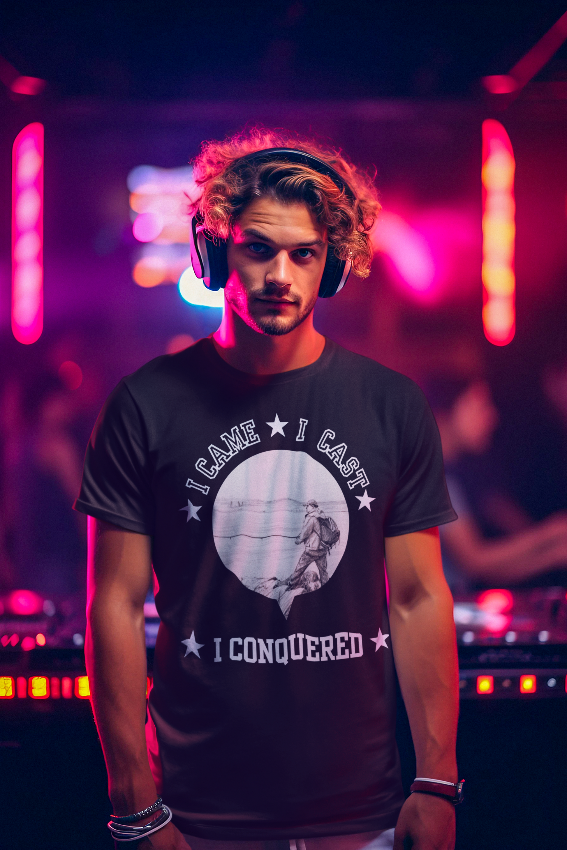 Man wearing headphones and a black t-shirt with graphic design in a neon-lit setting
