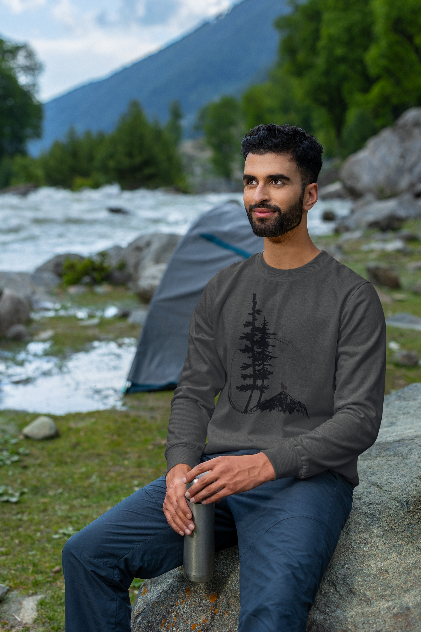 Nature Sketch Long Sleeve Tee — Pine Tree & Mountain Minimalist