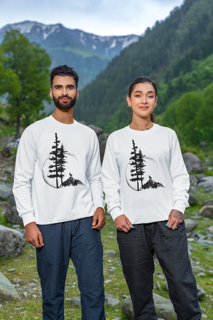 Nature Sketch Long Sleeve Tee — Pine Tree & Mountain Minimalist