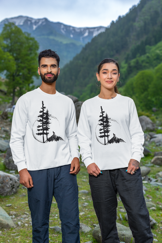 Nature Sketch Long Sleeve Tee — Pine Tree & Mountain Minimalist